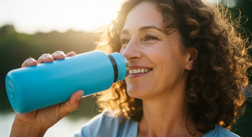 Smiling woman drinking water from thermos outdoors, highlighting the importance of hydration to combat constant fatigue and dehydration don´t be tired all the time