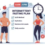 Illustrative image of the intermittent fasting plan, highlighting healthy eating, daily exercise and hydration methods for weight loss.