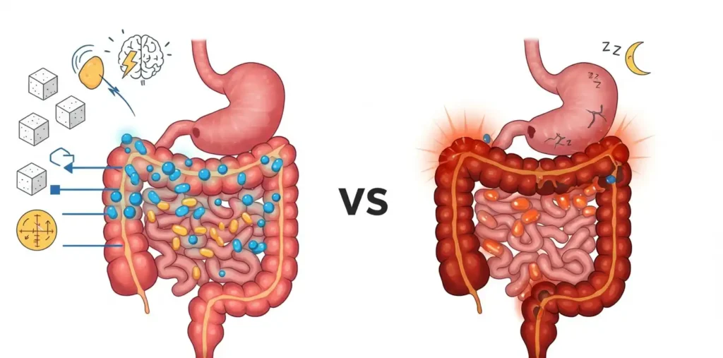 Illustrative image about gut health, highlighting the benefits of probiotics for a healthy and balanced lifestyle. It visualizes the intestines in comparison.