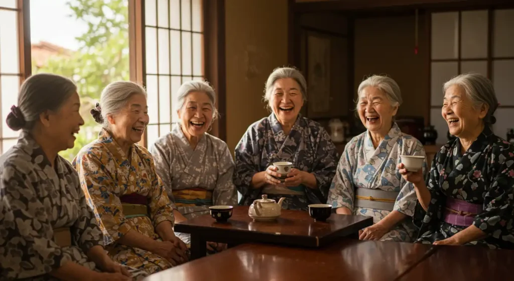 Group of Japanese seniors smiling and talking during a moment of socializing, reflecting healthy lifestyle habits and longevity in the blue zones.