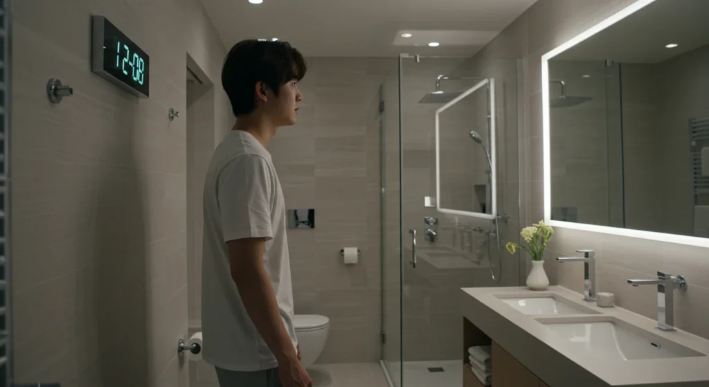 Man in bathroom reflecting on his health, in search of a healthy lifestyle, attentive to early signs of healthy issue with diabetes and frequent urination.