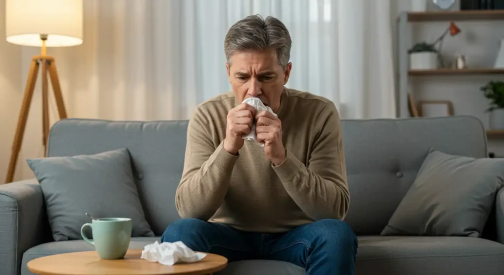 Man demonstrating early signs of health issues with a persistent cough and hoarseness, reflecting a bad healthy lifestyle.