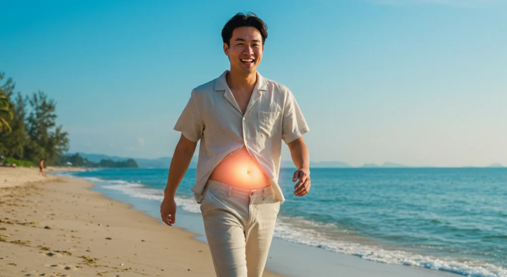 Smiling man walking on the beach, symbolizing a healthy lifestyle and good gut health, with the sea in the background.