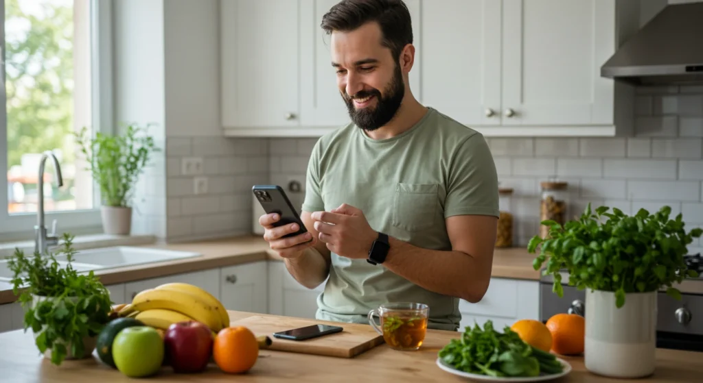 Man smiles as he uses smartphone in kitchen with fresh fruits and vegetables, promoting health and intermittent fasting.