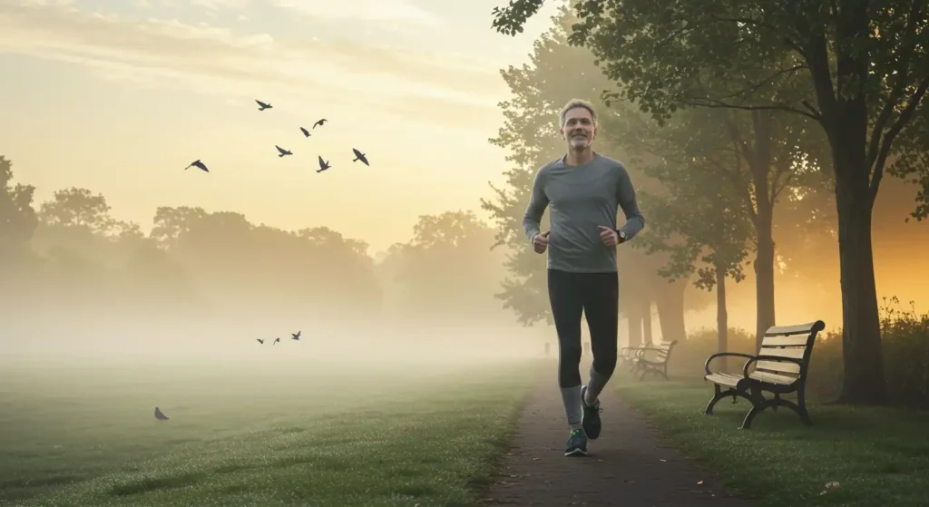 Man running in a park at dawn, promoting a healthy lifestyle through physical activity.