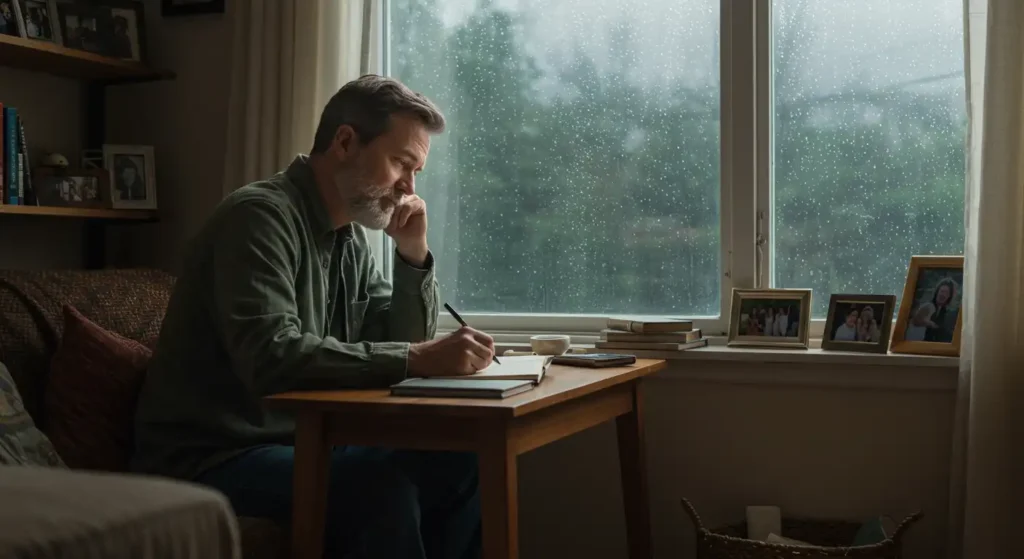 Thoughtful man studying in a domestic setting. Window overlooking a rainy day, reflecting themes of fatigue, causes and mental health issues.