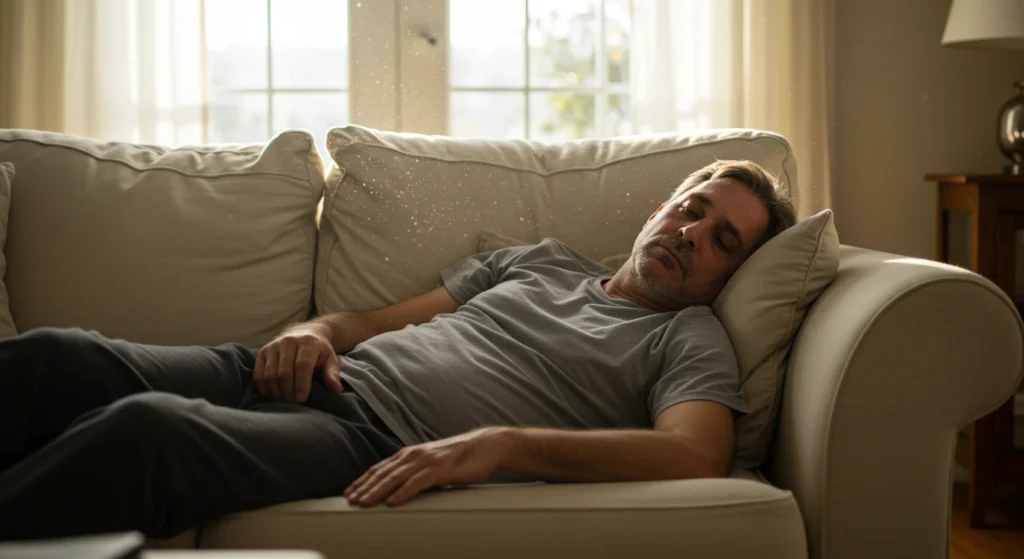 Man resting on the sofa, representing signs of tiredness and the importance of a healthy lifestyle. Watch out for early signs of fatigue.