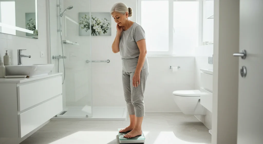 Elderly woman weighing herself on a scale in a bathroom, symbolizing the first early signs of health issues in weight loss.