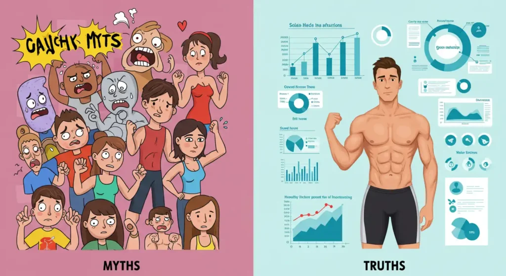 Illustration about health myths and truths, highlighting confusing expressions and informative graphics to demystify wellness topics.