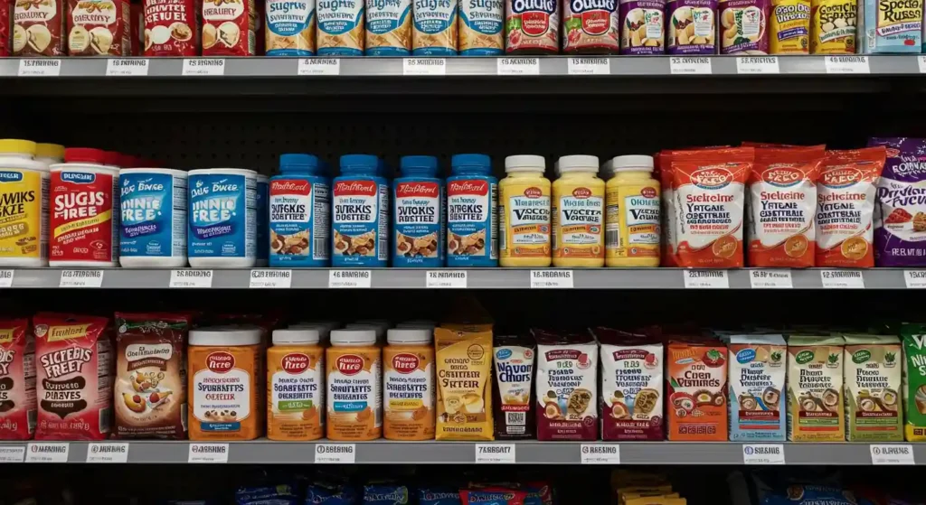 Variety of natural sweeteners and healthy food options in store, highlighting the 'Shocking Truth' about conventional sweeteners and benefits of natural sweeteners for healthy eating.