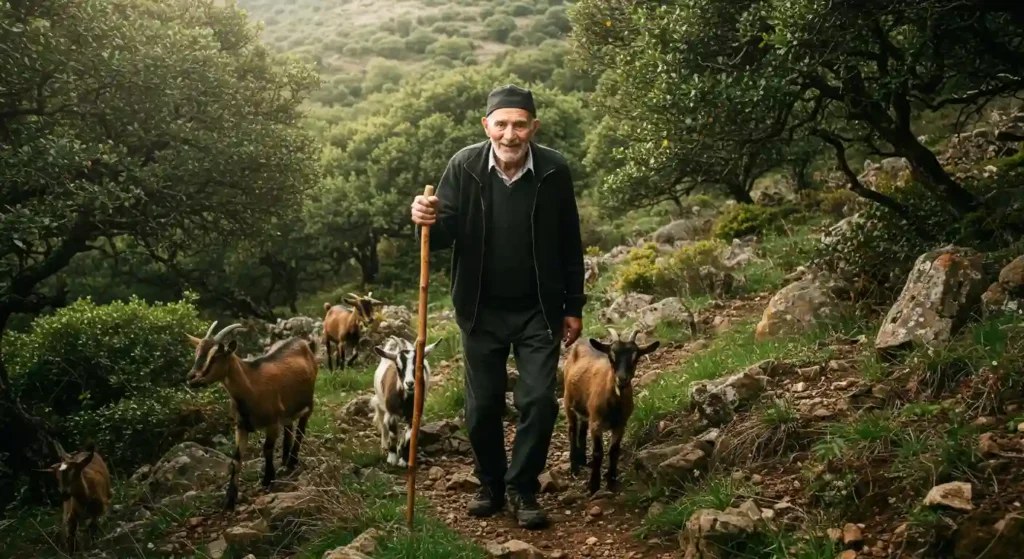 Elderly man walking along a nature trail with goats around, exemplifying Blue Zones longevity habits, important for learning how to live like Blue Zones people.