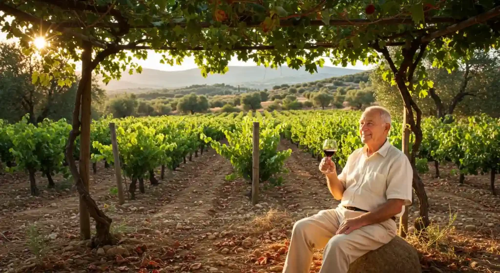Elderly man relaxing in vineyard at sunset, drinking red wine, illustrating the Blue Zones secrets of longevity and healthy habits.