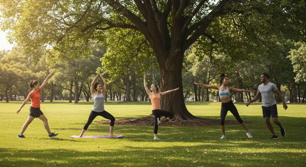 Group of people practicing yoga outdoors in a park, promoting stress reduction, mental health and anxiety relief through outdoor exercise.