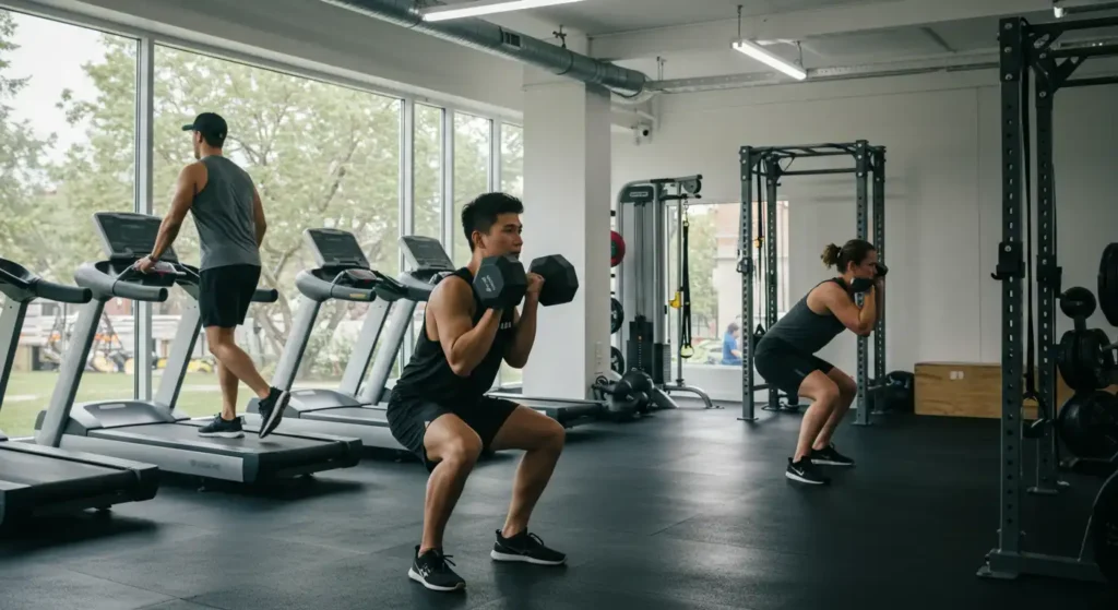 Image of people working out in a modern gym, with a man doing squats with weights and two people using exercise machines in the background. The space is bright and has large windows.