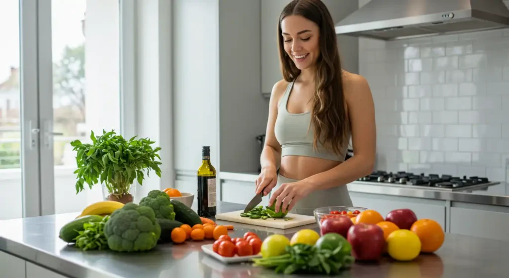 Woman preparing healthy snacks in the kitchen with fresh vegetables and fruits. Focusing on healthy eating and weight loss with light recipes.