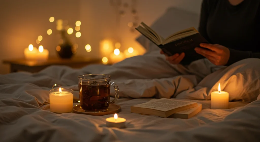 Person reading a book relaxing in bed with candle lighting to reduce stress, improve mental health and relieve anxiety.