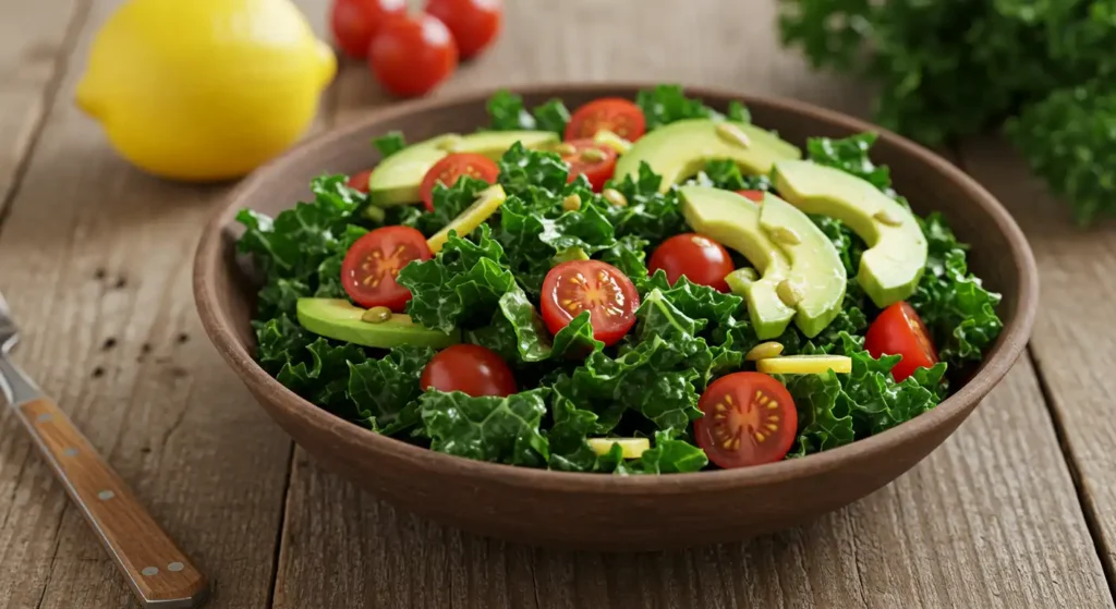 Delicious green leaf salad with avocado and cherry tomatoes, ideal for a healthy and light diet. Perfect for balanced diets.