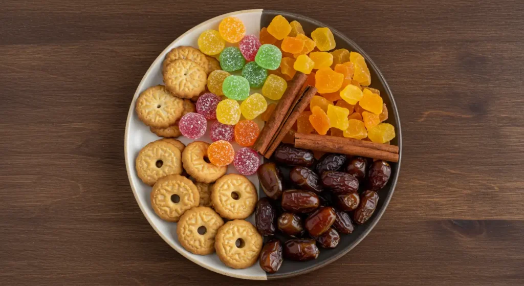Image of healthy and natural sweets, including colorful fruit candies, whole grain cookies, dates and cinnamon, promoting balanced eating habits to overcome sugar addiction.