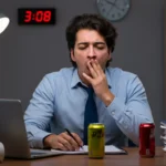 Tired man in the office, with closed eyes, next to several stacks of paper and energy drink cans, in a work environment under lamp light.