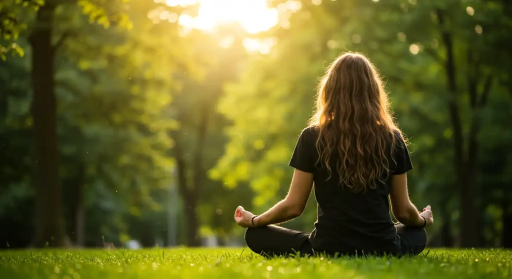 Woman practicing meditation outdoors in a park, with sun effect on trees in the background, representing relief from chronic stress and fatigue and avoiding be tired all the time.