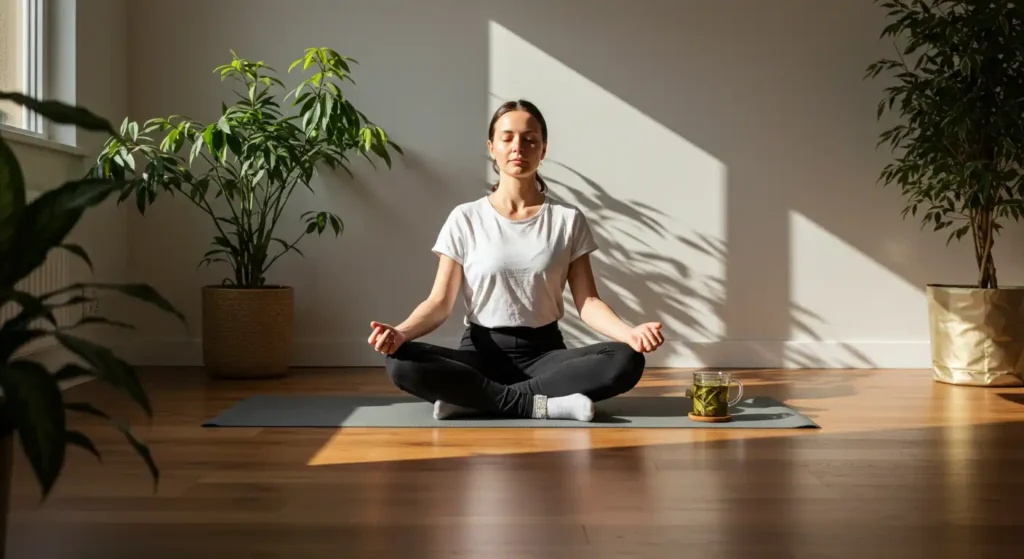 Woman practicing meditation to reduce stress and improve mental health in a peaceful environment with plants and natural light.