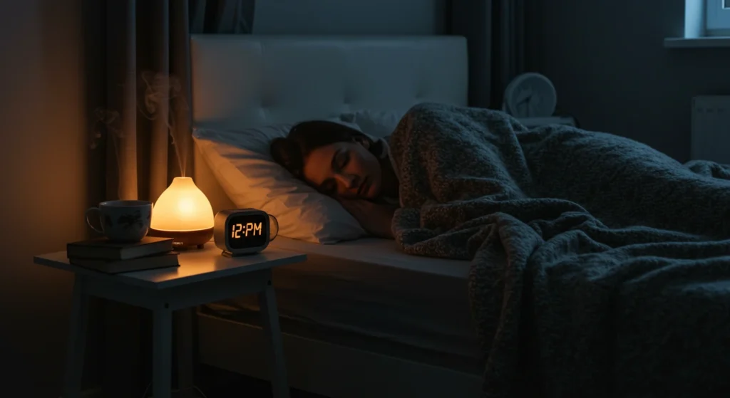 A woman sleeping peacefully in a dark room with soft lighting, promoting a healthy lifestyle, favoring the reduction of blood pressure and restful sleep.