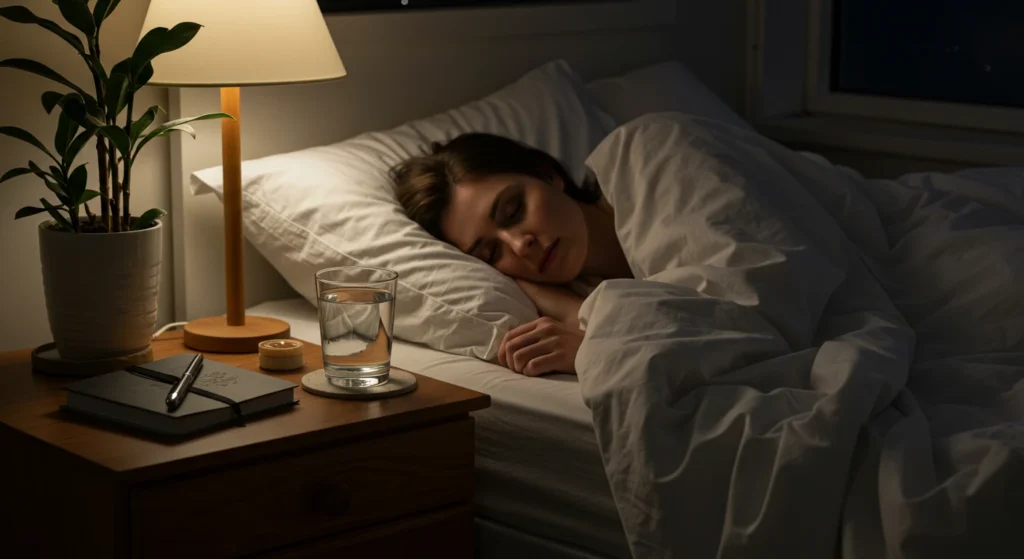 Image of a woman sleeping peacefully on a bed, with soft lighting and items on the bedside table, such as a glass of water and a notebook.