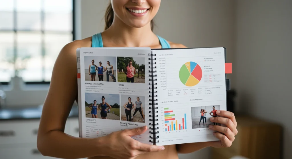 Smiling woman holding an open notebook with graphics and photos related to physical exercise and health, promoting an active lifestyle.