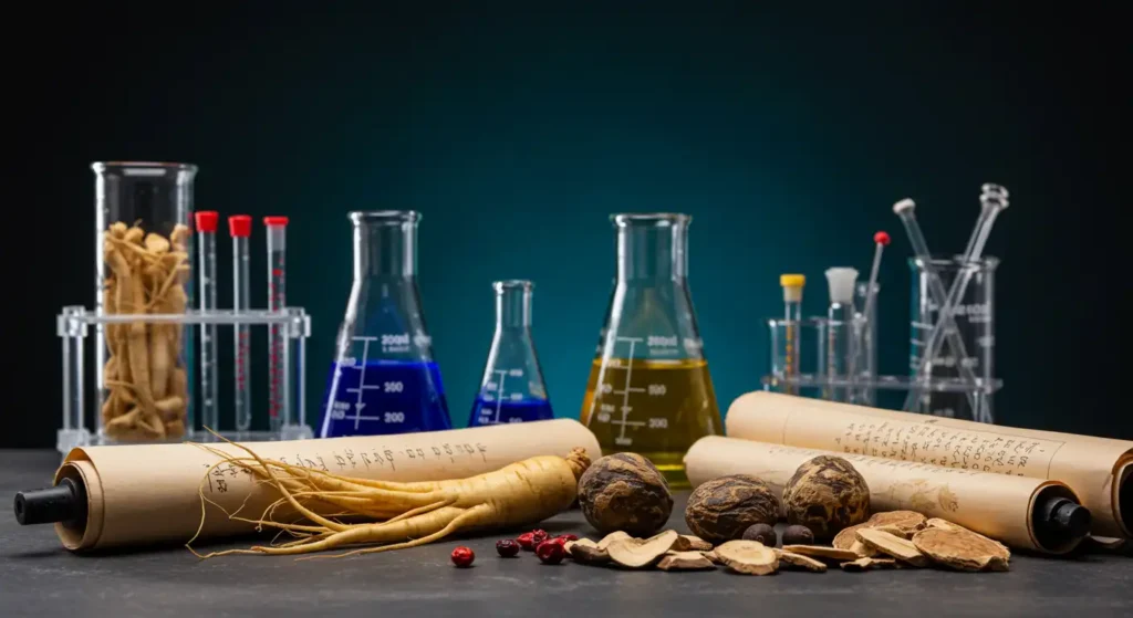 Image of natural adaptogenic herbs such as ashwagandha and rhodiola, with test tubes, vials and scientific documents highlighting options for anxiety.