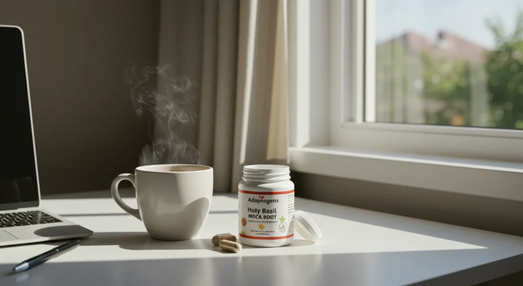 Image of a cup of hot tea next to an adaptogen supplement with spearmint and ginseng root, near a window, promoting well-being and natural Adaptogens for Stress and Anxiety reduction.