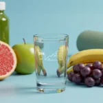 Image of alkaline water with fresh fruits such as grapes, apples, lemons, grapefruit and bananas next to a bottle of water, promoting hydration, pH balance, longevity, detox and energy.