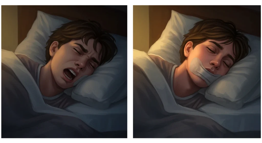 Illustrative image of a person sleeping with their mouth open and then with their mouth covered using tape to improve nasal breathing and promote the benefits of mouth tape, ideal for sleep and nasal breathing tips.