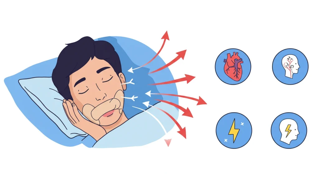 Illustration showing the benefits of using mouth tape to sleep, including improved breathing, heart health, quality sleep and overall well-being.