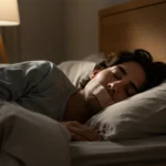 Man sleeping on his side in bed with nasal tape, illustrating benefits of Mouth Taping Sleep and tips to improve nasal breathing during sleep.
