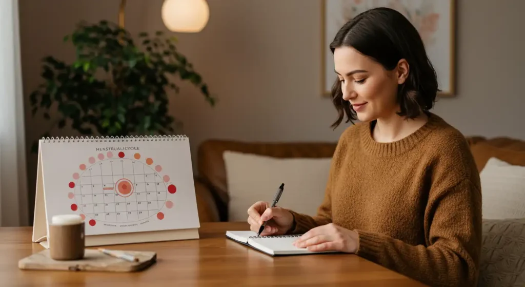 Woman sitting at a table taking notes with a menstrual cycle calendar next to her, ideal for those looking to understand the benefits of a synchronized cycle and improve female hormonal health.
