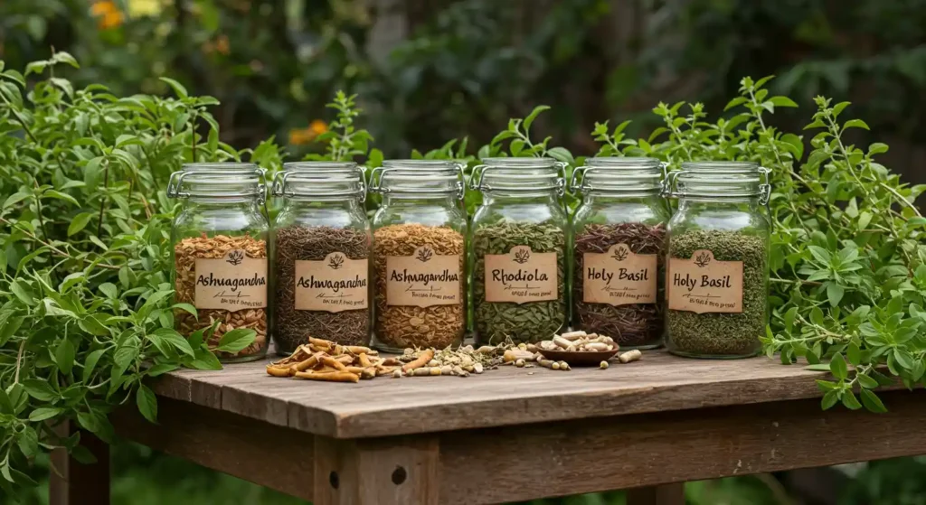 Natural adaptogenic herbs on a wooden table, including ashwagandha, rhodiala, and holy basil, highlighting the best natural supplements for anxiety.