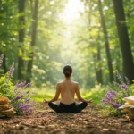 Person practicing meditation outdoors in a forest, surrounded by mushrooms and plants, promoting relaxation and well-being with natural adaptogenic herbs.