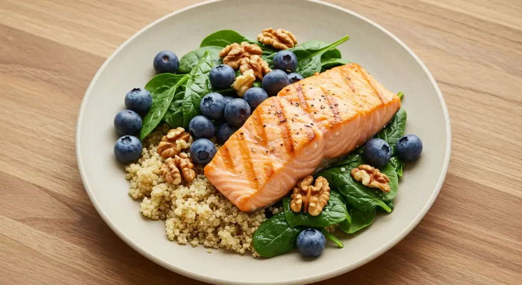 Brain-healthy dish with grilled salmon, leafy greens, blueberries, walnuts and quinoa, ideal for improving memory, focus and brain-healthy habits.