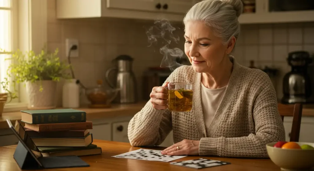 Elderly woman relaxing in kitchen, drinking hot tea and doing daily brain exercises to improve cognitive performance and prevent natural decline.