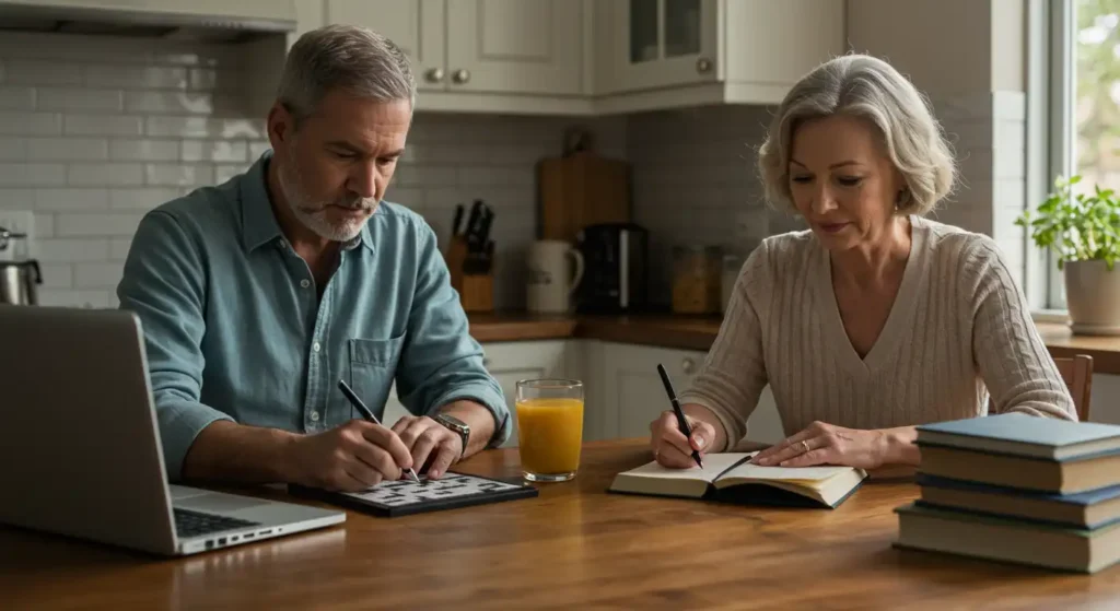 Elderly couple practicing brain stimulation exercises and integrating a healthy lifestyle in the kitchen, promoting the prevention of cognitive decline naturally.
