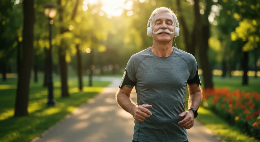 Elderly man exercising daily outdoors to improve long-term brain health by promoting habits that help prevent cognitive decline naturally.