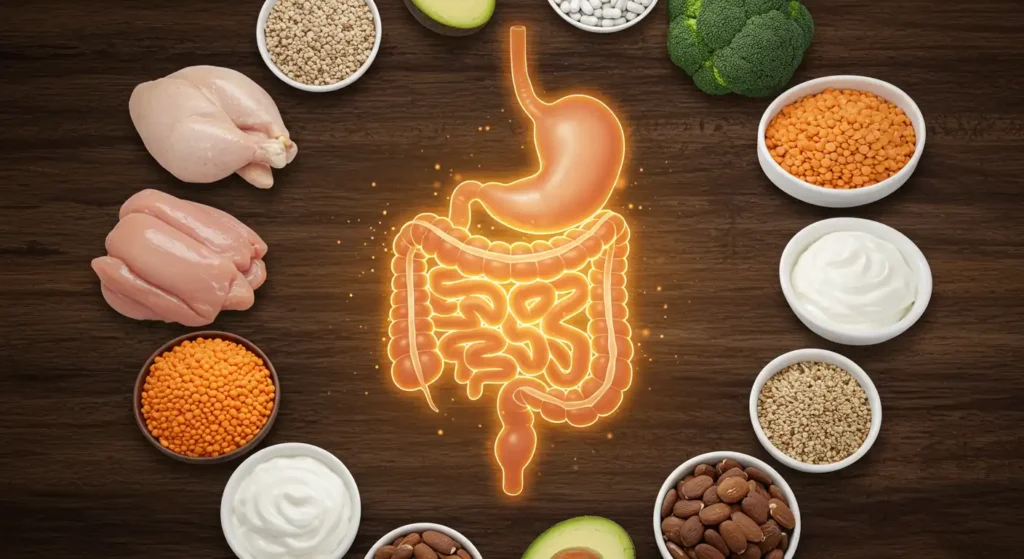 Illustrative image showing foods rich in L-Glutamine and other ingredients for digestive health, including fruits, vegetables, seeds and meats, around a digital representation of the human digestive system. Focus on promoting Digestive Health, L-Glutamine and gut health.