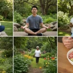 People practicing meditation, walking in the park, and consuming healthy foods to strengthen brain health habits, prevent cognitive decline naturally, and improve memory and daily focus.