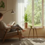 Person relaxing in an armchair while reading, enjoying a moment without using electronic devices, promoting a digital detox and better sleep.