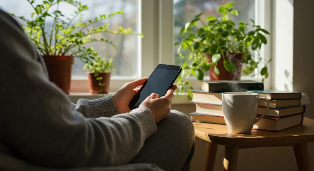 Person using smartphone at home, with plants and books in the background, illustrating the effects of excessive social media use on mental health and the importance of doing a digital detox to improve sleep.