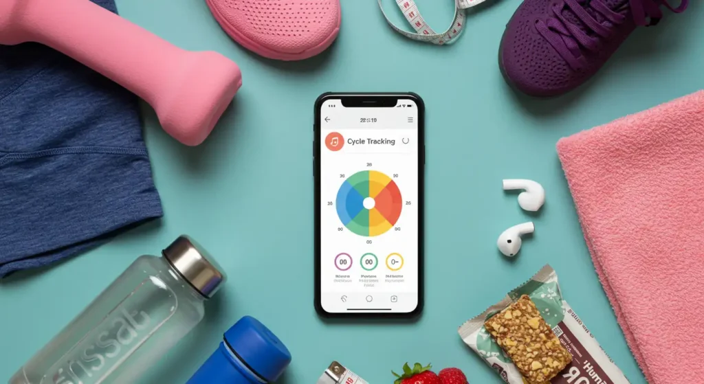 Image of a lifestyle change strategy focusing on cycle alignment, natural hormone balance, and sustainable tips, including a mobile app, gym clothes, water, fruit, and fitness accessories.