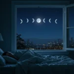 Person practicing lunar sleep syncing under moonlight with visible moon phases