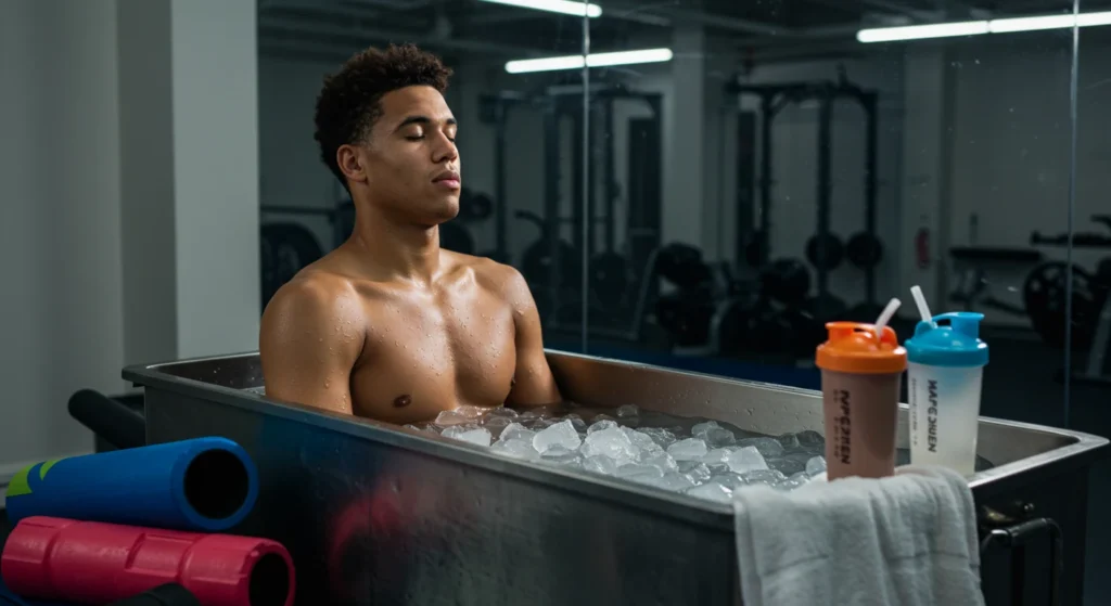 Man performing ice bath recovery, a technique from the Wim Hof method for the benefits of cold exposure and body recovery.
