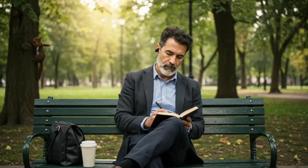 Mentally focused man practicing Dopamine Fasting in a park, promoting mental clarity, mental health and focus amidst nature.