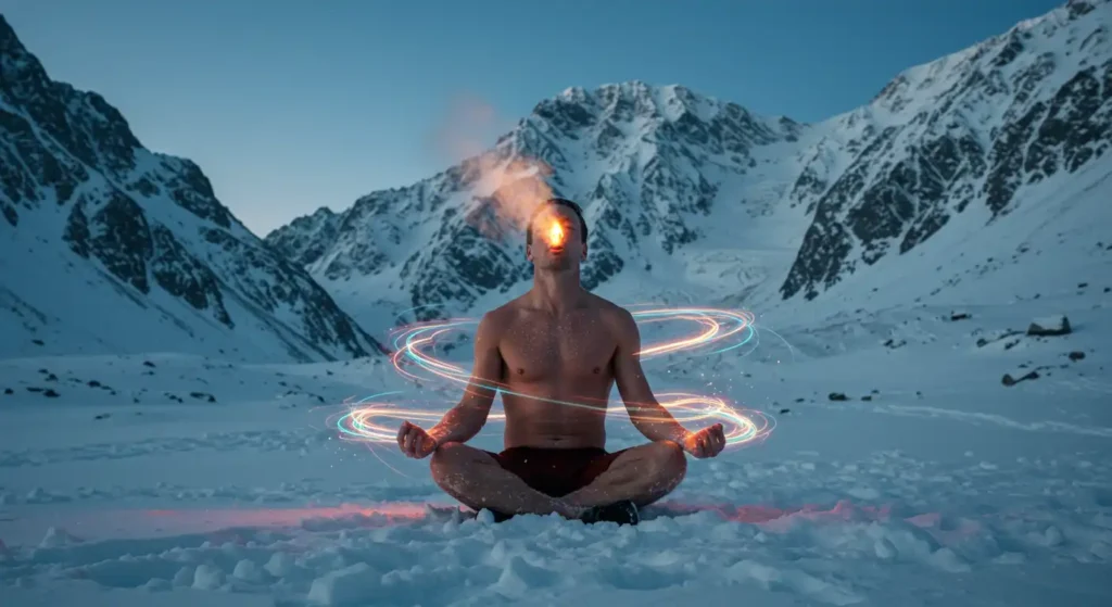 Man practicing meditation in extreme cold, with visual energy effects around, in a landscape of snow-covered mountains, explaining the Wim Hof Method, benefits of cold exposure and ice baths for immunity.